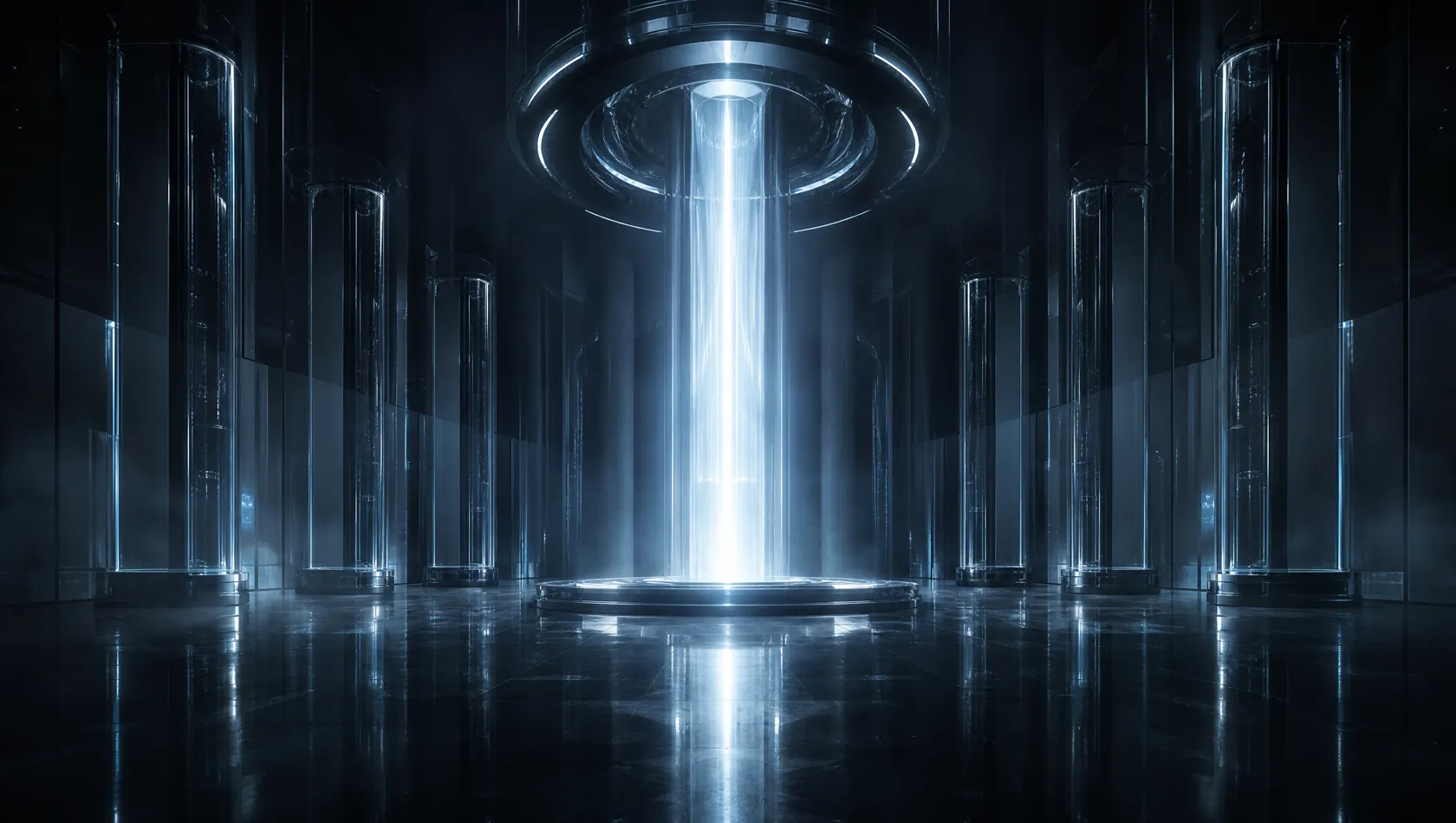 A wide dark chamber with a column of blue-white light at its centre.
