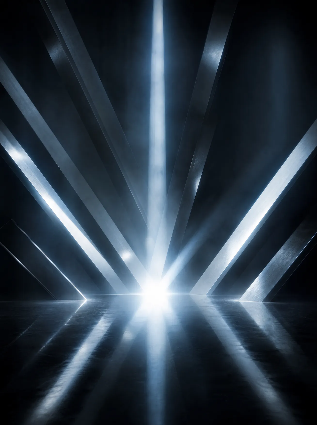 Several beams descending through haze and converging on one bright point.