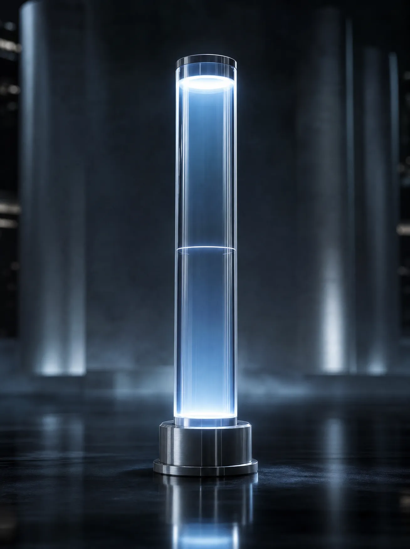 A tall glass cylinder filled with luminous blue and marked once at a precise height.