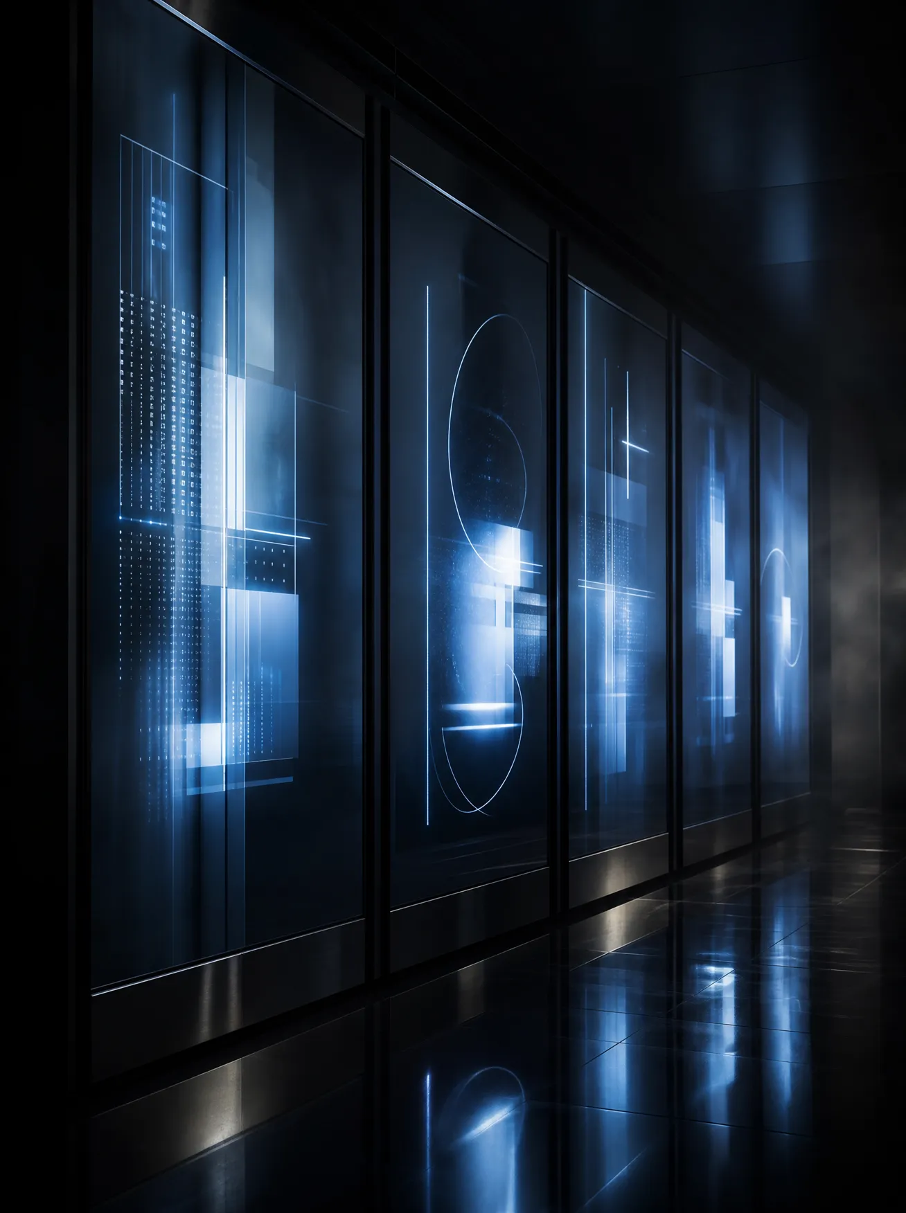 A dark wall of glass panels receding into blackness, each holding a quiet luminous readout.