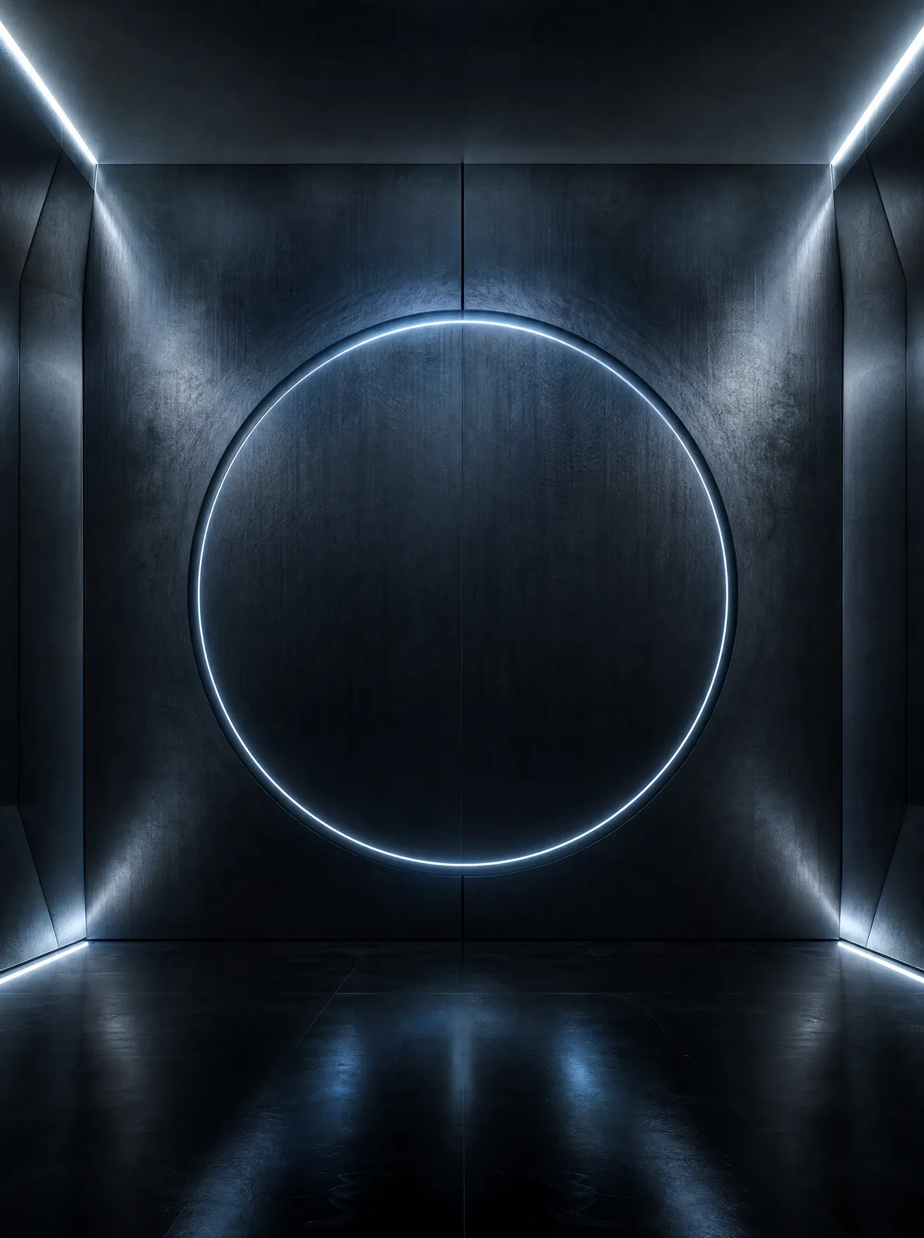 A sealed chamber of dark brushed metal with a narrow seam of blue light around a closed aperture.
