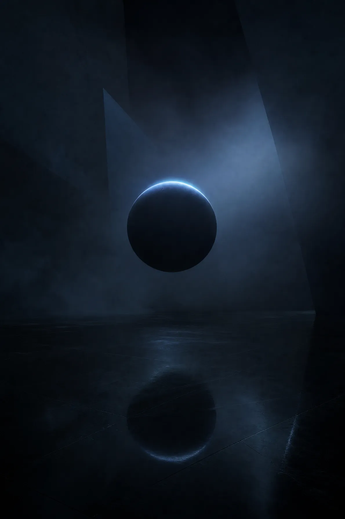 A dark sphere suspended in haze, lit by a crescent of blue rim light.